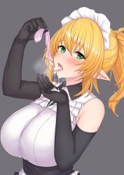 Rule 34 | 1girl, bare shoulders, black gloves, blonde hair, blush, breasts, condom, condom drain, cum, cum in mouth, cum on clothes, cum on tongue, drinking from condom, elbow gloves, elf, etan14, frilled shirt, frills, gloves, gokkun, green eyes, grey background, highres, holding, holding condom, large breasts, long hair, looking at viewer, maid, maid headdress, open mouth, original, pointy ears, ponytail, shirt, simple background, sleeveless, sleeveless shirt, solo, steam, tongue, tongue out, upper body, used condom, white shirt