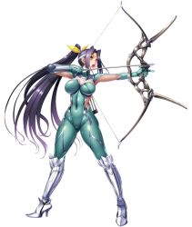 Rule 34 | arrow (projectile), bodysuit, bow (weapon), breasts, female focus, green eyes, headband, highres, large breasts, lilith-soft, long hair, ponytail, solo, taimanin (series), taimanin asagi, taimanin rpgx, very long hair, weapon, wide hips, yubashiri hayate, zol