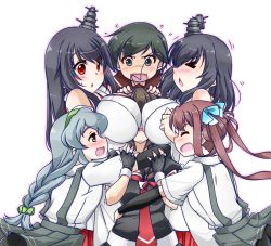 Rule 34 | &gt; &lt;, 10s, 5girls, 6+girls, :d, ^ ^, arm warmers, asagumo (kancolle), bare shoulders, black eyes, black hair, black serafuku, blush, braid, breast smother, breasts, brown hair, closed eyes, commentary request, detached sleeves, embarrassed, closed eyes, face to breasts, fingerless gloves, fusou (kancolle), girl sandwich, gloves, hair ornament, hair over shoulder, hairband, headgear, hug, kantai collection, kuon (nokokopopo), large breasts, long hair, long sleeves, mogami (kancolle), multiple girls, nontraditional miko, obi, open mouth, pleated skirt, red eyes, ribbon, sandwiched, sash, school uniform, serafuku, shigure (kancolle), shirt, short hair, silver hair, single braid, skirt, smile, suspenders, sweat, twintails, white shirt, yamagumo (kancolle), yamashiro (kancolle)