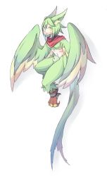 Rule 34 | 1girl, 4138, animal ears, blush, breasts, claws, feathered wings, feathers, female focus, full body, green feathers, green hair, harpy, highres, midriff, monster girl, navel, open mouth, original, scarf, simple background, small breasts, solo, talons, white background, winged arms, wings, yellow eyes, yellow feathers