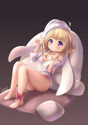 Rule 34 | 1girl, absurdres, alternate costume, animal hat, azur lane, barefoot, blonde hair, blush, bow, breasts, closed mouth, commentary request, fur-trimmed headwear, fur trim, gradient background, grozny (azur lane), grozny (bunny remodeling plan?) (azur lane), hat, highres, lndrmnn, looking at viewer, no panties, official alternate costume, purple eyes, rabbit hat, red bow, shirt, sitting, small breasts, smile, thighs, white shirt