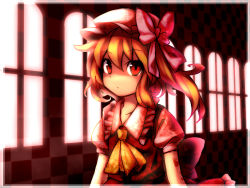 Rule 34 | 1girl, aisora, ascot, blonde hair, female focus, flandre scarlet, frills, hallway, indoors, puffy short sleeves, puffy sleeves, red eyes, short sleeves, side ponytail, solo, touhou, upper body, window