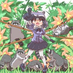 Rule 34 | 1girl, animal, animal ears, arm up, black hair, bodystocking, bow, bowtie, brown eyes, cardigan, climbing, common raccoon (kemono friends), creature and personification, fang, flower, full body, fur collar, grass, grey hair, hanging, kemono friends, legs apart, looking afar, looking at another, medium hair, miniskirt, multicolored hair, open mouth, outstretched arms, pantyhose, plant, pleated skirt, pointing, puffy short sleeves, puffy sleeves, raccoon, raccoon ears, raccoon girl, raccoon tail, shoes, short sleeves, skirt, smile, standing, tail, umikaze shuu, upside-down, v-shaped eyebrows, white hair, zipper