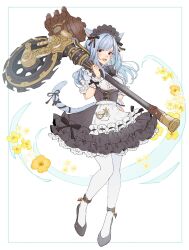Rule 34 | 1girl, animal ears, apron, axe, black dress, black footwear, blue eyes, bow, breasts, cat ears, cat girl, cat tail, commentary request, dress, final fantasy, final fantasy xiv, flower, full body, hair bow, hand on own hip, highres, holding, holding axe, huge weapon, looking at viewer, maid, maid headdress, miqo&#039;te, mokokoiro, open mouth, pantyhose, shoes, simple background, small breasts, smile, solo, tail, teeth, upper teeth only, waist apron, warrior of light (ff14), weapon, white apron, white background, white pantyhose, wrist cuffs, yellow flower