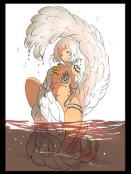 Rule 34 | 1girl, absurdres, belly, bird legs, blunt bangs, breast tattoo, breasts, claws, feathers, harpy, highres, hinekure-boy, leg tattoo, looking at viewer, medium breasts, medium hair, monster girl, neck fur, no nipples, nude, original, partially submerged, shoulder tattoo, solo, stomach tattoo, talons, tattoo, water, wet, white eyes, white feathers, white wings, wide hips, winged arms, wings