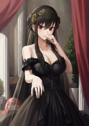 Rule 34 | 2girls, absurdres, alternate costume, anya (spy x family), black dress, black hair, black veil, breasts, cleavage, cryturtle, dress, evening gown, gold hairband, hair between eyes, hairband, hand to own mouth, highres, jewelry, large breasts, looking at viewer, meme, mother and daughter, multiple girls, ornate ring, red eyes, ring, solo focus, spy x family, veil, wedding dress, wedding ring, yor briar