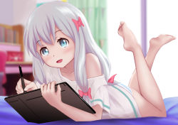 Rule 34 | 10s, 1girl, barefoot, bedroom, blue eyes, blurry, bow, collarbone, depth of field, eromanga sensei, feet, female focus, full body, hair bow, highres, indoors, izumi sagiri, long hair, low-tied long hair, lying, off shoulder, on stomach, open mouth, panties, shirt, short sleeves, silver hair, solo, sozoshu, striped clothes, striped panties, stylus, toes, underwear