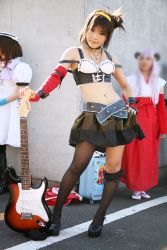 Rule 34 | 3girls, asian, belt, breasts, cosplay, elbow gloves, fishnet legwear, fishnets, gloves, guitar, hairband, high heels, highres, instrument, kipi-san, looking at viewer, mary janes, midriff, multiple girls, outdoors, photo (medium), platform footwear, platform heels, shoes, single thighhigh, small breasts, solo focus, suzumiya haruhi, suzumiya haruhi (cosplay), suzumiya haruhi no yuuutsu, thighhighs