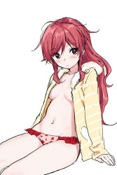 Rule 34 | 1girl, arm support, bikini, breasts, chigusa asuha, collarbone, frilled bikini, frills, fur trim, jacket, long hair, long sleeves, looking at viewer, navel, no bra, no pants, open clothes, open jacket, qualidea code, red eyes, red hair, sekiya asami, simple background, sitting, small breasts, solo, stomach, striped clothes, striped jacket, swimsuit, thighs, white background, white bikini, yellow jacket