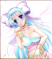 Rule 34 | 1girl, blue eyes, blue hair, bow, bracelet, breasts, c.r., choker, dragon quest, dragon quest v, earrings, flora (dq5), hair bow, half updo, jewelry, large breasts, long hair, lots of jewelry, marker (medium), matching hair/eyes, millipen (medium), pink bow, shikishi, solo, traditional media
