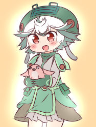 Rule 34 | 1girl, :d, ahoge, blush, commentary request, creature, gloves, green gloves, green headwear, green skirt, grey shirt, hana kazari, hat, highres, holding, long sleeves, made in abyss, meinya (made in abyss), open mouth, prushka, red eyes, shirt, short hair, skirt, smile, white hair