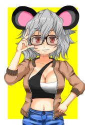 Rule 34 | 1girl, alternate breast size, alternate costume, animal ears, bespectacled, black-framed eyewear, black tube top, blue pants, blush, breasts, brown jacket, cleavage, clenched hand, commentary request, cookie (touhou), cowboy shot, glasses, grey hair, hair between eyes, hand on own hip, jacket, large breasts, looking at viewer, midriff, mouse ears, mouse girl, navel, nazrin, nyon (cookie), ohitashi (nicoseiga3680021), open clothes, open jacket, pants, parted lips, red eyes, short hair, smile, solo, strapless, touhou, tube top, two-tone background, white background, white tube top, yellow background, zipper