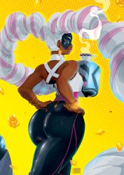 Rule 34 | 1girl, arms (game), ass, bare shoulders, bracelet, dark skin, dark-skinned female, drill hair, earrings, female focus, from behind, highres, hip focus, huge ass, jewelry, lips, long hair, looking at viewer, mask, pantylines, solo, thick thighs, thighs, tovio rogers, twin drills, twintails, twintelle (arms), very long hair, wide hips