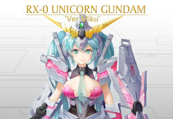 Rule 34 | 1girl, alternate costume, aqua hair, aqua necktie, breasts, chinese commentary, commentary request, eyelashes, gradient background, green eyes, grey background, gundam, hair between eyes, hatsune miku, headpiece, jokanhiyou, large breasts, lipstick, long hair, looking at viewer, makeup, mecha musume, necktie, pink lips, see-through, shiny skin, smile, solo, twintails, upper body, very long hair, vocaloid