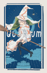 Rule 34 | 1girl, absurdres, black footwear, black thighhighs, blue background, blue sky, border, broom, broom riding, building, closed mouth, cloud, commentary, dress, earrings, floating, garter straps, grey border, hat, high heels, highres, jewelry, long hair, long sleeves, moon, orange eyes, original, outside border, oversized clothes, silver hair, sky, solo, star (sky), teraka1110, thighhighs, two-sided fabric, two-sided headwear, white dress, witch, witch hat