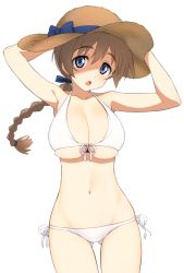 Rule 34 | 1girl, armpits, arms up, bikini, blue eyes, bow, braid, breasts, brown hair, cleavage, collarbone, cowboy shot, front-tie bikini top, front-tie top, gluteal fold, hairband, halterneck, hands on headwear, hat, hat bow, hatakenaka (kamagabuchi), highres, large breasts, long hair, lynette bishop, navel, open mouth, side-tie bikini bottom, simple background, single braid, skindentation, solo, straw hat, strike witches, sun hat, swimsuit, tareme, thick eyebrows, white background, white bikini, world witches series