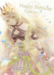 1boy blonde_hair bow butterfly_hair_ornament celine_(fire_emblem) character_name crown dress dress_bow fire_emblem fire_emblem_engage green_bow green_eyes hair_ornament happy_birthday highres nekoyashiki_08 nintendo orange_bow princess wrist_bow yellow_dress