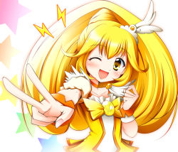 Rule 34 | 10s, 1girl, ;d, blonde hair, blush, bow, bowtie, brooch, choker, cure peace, eyelashes, hair flaps, hair ornament, happy, jewelry, kise yayoi, long hair, magical girl, one eye closed, open mouth, orange bow, orange bowtie, ponytail, precure, rainbow order, skirt, smile, smile precure!, solo, star (symbol), taroimo, v, white background, wink, wrist cuffs, yellow bow, yellow eyes, yellow skirt, yellow theme