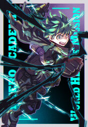 Rule 34 | 1boy, text background, badge, belt, belt pouch, black background, black belt, black bodysuit, black gloves, black whip (boku no hero academia), bodysuit, boku no hero academia, border, bright pupils, chromatic aberration, clenched hand, commentary request, container, copyright name, dated commentary, electricity, film grain, freckles, from side, full body, furrowed brow, gloves, gradient background, green background, green eyes, green hair, grey border, hands up, leaning forward, long sleeves, looking at viewer, looking to the side, male focus, midair, midoriya izuku, official alternate costume, open mouth, outside border, outstretched arms, partial commentary, pouch, purple background, purple outline, rectangle, short hair, sideways glance, solo, spoilers, tannoci, tube, twitter username, v-shaped eyebrows, white pupils