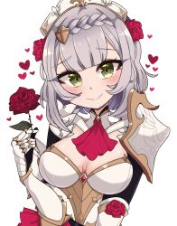 Rule 34 | 1girl, absurdres, armor, ascot, aviciella, blush, boobplate, braid, braided bangs, breastplate, breasts, closed mouth, commentary, double-parted bangs, english commentary, flower, gauntlets, genshin impact, green eyes, grey hair, hair flower, hair ornament, hand up, head tilt, heart, highres, holding, holding flower, looking at viewer, maid headdress, medium breasts, medium hair, noelle (genshin impact), red ascot, red flower, red rose, ringed eyes, rose, shoulder armor, simple background, smile, solo, upper body, white background