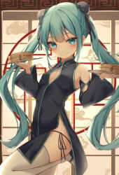 Rule 34 | 1girl, absurdres, alternate costume, aqua hair, bamboo steamer, bare shoulders, black dress, black ribbon, black sleeves, blue eyes, breasts, bun cover, china dress, chinese clothes, closed mouth, commentary, detached sleeves, double bun, dress, hair bun, hair ribbon, hands up, hatsune miku, highres, holding, holding plate, indoors, leg up, long hair, long sleeves, looking at viewer, meandros, panties, panty peek, plate, ribbon, ryaru ryaru, short dress, side-tie panties, side slit, sidelocks, sleeveless, sleeveless dress, small breasts, smile, solo, standing, standing on one leg, thighhighs, twintails, underwear, very long hair, vocaloid, white thighhighs, whorled clouds, wide sleeves
