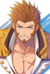 Rule 34 | 1boy, beard, blue eyes, brown hair, commentary request, epaulettes, facial hair, fate/grand order, fate (series), long sideburns, looking at viewer, male focus, military, military uniform, napoleon bonaparte (fate), nina (pastime), open clothes, pectorals, scar, simple background, smile, solo, teeth, uniform, upper body