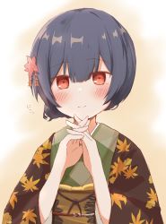 Rule 34 | 1girl, blue hair, blush, closed mouth, floral print, flower, hachikari (hachi karintou), hair between eyes, hair flower, hair ornament, highres, idolmaster, idolmaster shiny colors, japanese clothes, kimono, long sleeves, morino rinze, own hands together, red eyes, short hair, smile, solo, upper body