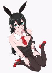 Rule 34 | 1girl, animal ears, bad id, bad twitter id, black-framed eyewear, black hair, black leotard, black pantyhose, breasts, detached collar, fake animal ears, from above, full body, hairband, highres, kantai collection, leotard, long hair, looking at viewer, looking up, necktie, ojipon, ooyodo (kancolle), open mouth, pantyhose, playboy bunny, rabbit ears, rabbit tail, red necktie, semi-rimless eyewear, simple background, sitting, small breasts, smile, solo, strapless, strapless leotard, tail, under-rim eyewear, wariza, white background, wrist cuffs