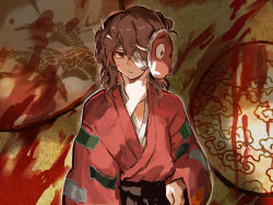 Rule 34 | 1other, :/, ametsukana yago, androgynous, arm out of sleeve, blood, blood stain, brown hair, brown hakama, closed eyes, commentary request, hakama, hand on own hip, hand on own chin, hemo (hemoroda), hyottoko mask, japanese clothes, kimono, len&#039;en, long hair, long sleeves, mask, mask on head, red eyes, red kimono, solo, upper body