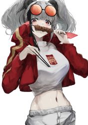 Rule 34 | 1girl, absurdres, arknights, chopsticks, commentary request, crop top, eyewear on head, feater (arknights), feater (gourmet) (arknights), female focus, food, grey hair, high collar, highres, holding, holding chopsticks, holding food, jacket, kajuu, kebab, long hair, long sleeves, looking at viewer, midriff, navel, official alternate costume, open clothes, open jacket, pants, partial commentary, red eyes, red jacket, shirt, simple background, solo, stomach, sunglasses, twintails, upper body, white background, white pants, white shirt