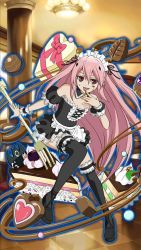 Rule 34 | 10s, 1girl, alternate costume, black ribbon, black thighhighs, bow, cake, dress, enmaided, fang, floating hair, food, frilled thighhighs, frills, full body, hair bow, hair ribbon, heart, krul tepes, long hair, looking at viewer, maid, outstretched arm, owari no seraph, pink hair, pointy ears, red eyes, ribbon, short dress, sleeveless, sleeveless dress, solo, thighhighs, tongue, tongue out, vampire, very long hair, wrist cuffs