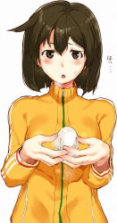 Rule 34 | 10s, adapted costume, brown eyes, brown hair, egg, food, hair between eyes, highres, hiryuu (kancolle), holding, holding egg, holding food, jacket, jewelry, kantai collection, long sleeves, open mouth, poco (backboa), ring, short hair, simple background, solo, sweatdrop, wedding band, white background, yellow jacket, zipper