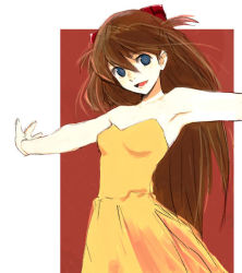 Rule 34 | 1girl, :d, alternate costume, armpits, bare arms, bare shoulders, blue eyes, border, breasts, brown hair, collarbone, dress, female focus, hair between eyes, hair ornament, happy, hirodo, long hair, looking at viewer, lower teeth only, medium breasts, neck, neon genesis evangelion, open mouth, outstretched arms, red background, round teeth, smile, solo, souryuu asuka langley, spread arms, standing, strapless, strapless dress, teeth, two side up, white border, yellow dress
