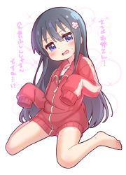 Rule 34 | barefoot, black hair, blush, borrowed clothes, commentary, flower, hair between eyes, hair flower, hair ornament, head tilt, higero (wataten), jacket, jigatei (omijin), long hair, long sleeves, looking at viewer, open mouth, pink flower, print shirt, purple eyes, red jacket, shirosaki hana, shirt, sitting, sleeves past fingers, sleeves past wrists, solo, sparkle background, sweat, symbol-only commentary, track jacket, translation request, very long hair, wariza, watashi ni tenshi ga maiorita!, white shirt