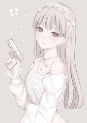Rule 34 | 1girl, bad id, bad twitter id, bare shoulders, bow, breasts, brown eyes, brown hair, cleavage, collarbone, commentary, detached sleeves, dress, ear piercing, earrings, english commentary, floral background, grey background, gun, hand up, handgun, highres, holding, holding gun, holding weapon, jewelry, juliet sleeves, long hair, long sleeves, original, piercing, pistol, puffy sleeves, sig sauer, sig p220/p226, simple background, small breasts, solo, strapless, strapless dress, stud earrings, tsuruse, very long hair, weapon, white bow, white dress, white sleeves