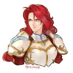 Rule 34 | &gt;:(, 1girl, armor, breastplate, fire emblem, fire emblem: path of radiance, green eyes, meziosaur, nintendo, pauldrons, red hair, shoulder armor, simple background, solo, titania (fire emblem), upper body, v-shaped eyebrows, white background