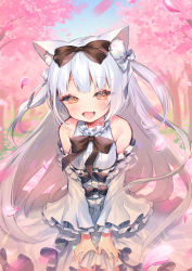 Rule 34 | 1girl, :d, animal ear fluff, animal ears, asagi yuna, azur lane, bare shoulders, black bow, blush, bow, brown eyes, cat ears, cherry blossoms, day, detached sleeves, dress, fang, hair bow, highres, leaning forward, lips, long hair, looking at viewer, open mouth, outdoors, petals, silver hair, sleeveless, smile, solo, tree, white dress, yukikaze (azur lane), yukikaze (sovereign of the swing) (azur lane)