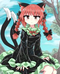 Rule 34 | 1girl, animal ears, bare legs, black bow, black dress, black sleeves, bow, braid, cat ears, cat girl, cat tail, chups, closed mouth, cloud, dress, extra ears, frilled dress, frilled sleeves, frills, green frills, highres, kaenbyou rin, long sleeves, looking at viewer, medium hair, multiple tails, nail polish, outdoors, red eyes, red hair, red nails, red neckwear, sitting, sky, sleeves past wrists, solo, tail, touhou, tree, twin braids, two tails