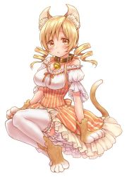 Rule 34 | 1girl, :o, animal ear fluff, animal ears, animal hands, bell, belt collar, blonde hair, breasts, cat ears, cat tail, cleavage, collar, dress, drill hair, full body, gloves, jingle bell, kazabuki poni, large breasts, long hair, looking at viewer, mahou shoujo madoka magica, mahou shoujo madoka magica (anime), neck bell, orange dress, parted lips, paw gloves, paw shoes, puffy short sleeves, puffy sleeves, short sleeves, simple background, solo, striped clothes, striped thighhighs, suspenders, tail, thighhighs, tomoe mami, twin drills, twintails, vertical-striped clothes, vertical-striped thighhighs, white background, white thighhighs, yellow eyes