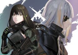 Rule 34 | 2girls, assault rifle, bag, black bag, black cape, black coat, black hair, black straps, blonde hair, brown eyes, cape, carrying, carrying bag, closed mouth, coat, commentary request, elbow pads, eyepatch, from side, girls&#039; frontline, gradient hair, green hair, green sweater, grey hair, gun, head tilt, headgear, highres, holding, holding gun, holding weapon, leather strap, long hair, m16, m16a1, m16a1 (boss) (girls&#039; frontline), m16a1 (girls&#039; frontline), m4 carbine, m4a1 (girls&#039; frontline), m4a1 (mod3) (girls&#039; frontline), mask, mask around neck, mechanical arms, mik blamike, mouth mask, multicolored background, multicolored hair, multiple girls, open mouth, rifle, shoulder bag, sidelocks, simple background, skeleton print, sleeveless, sleeveless sweater, strap, streaked hair, sweater, tactical clothes, teardrop, tears, teeth, text background, weapon, weapon name, white background
