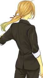 Rule 34 | 1boy, afuro terumi, androgynous, aqua hair, back, blonde hair, cowboy shot, formal, from behind, gradient hair, inazuma eleven (series), inazuma eleven go, jacket, long hair, male focus, multicolored hair, outside border, ponytail, simple background, solo, suit, tobacco (tabakokobata), white background