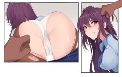 Rule 34 | 1boy, 1girl, alternate costume, ass, blue neckwear, blue shirt, blush, breasts, brown pantyhose, cameltoe, clenched teeth, collared shirt, damda, dark-skinned male, dark skin, fate/grand order, fate (series), grabbing another&#039;s hair, hair intakes, hetero, large breasts, long hair, motion lines, multiple views, necktie, open mouth, panties, pantyhose, purple hair, red eyes, scathach (fate), shirt, teeth, torn clothes, torn legwear, trembling, underwear, very long hair, white panties
