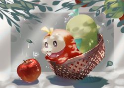 Rule 34 | absurdres, apple, basket, commentary request, creatures (company), fangs, food, fruit, fuecoco, game freak, highres, in basket, looking down, nintendo, no humans, open mouth, pokemon, pokemon (creature), sizuru (garasuame0206), trembling, twitter username, water drop
