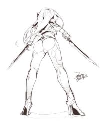 Rule 34 | 1girl, ass, character request, dual wielding, ejami, greyscale, high heels, holding, katarina (league of legends), long hair, monochrome, original, simple background, solo, sword, weapon, white background