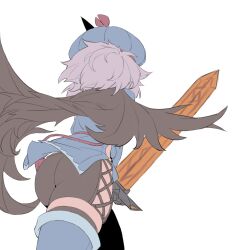 Rule 34 | 1girl, alasharx, ass, black cape, black shorts, black thighhighs, blue hat, blue shirt, blue thighhighs, cape, chinese commentary, commentary request, flat color, floating cape, floating clothes, from behind, hat, highres, holding, holding sword, holding weapon, kuruha (sequel awake), light purple hair, sequel (series), sequel awake, shirt, short hair, shorts, simple background, skindentation, solo, sword, thighhighs, thighs, torn cape, torn clothes, weapon, white background, zettai ryouiki