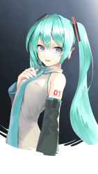 Rule 34 | 1girl, aqua hair, aqua nails, aqua necktie, bad id, bad pixiv id, bare shoulders, black sleeves, blue background, blue eyes, breasts, character name, collared shirt, commentary request, detached sleeves, fingernails, gradient background, grey shirt, hair ornament, hand on own chest, hatsune miku, headset, highres, long hair, long sleeves, looking at viewer, nail polish, necktie, parted lips, rsk (tbhono), shirt, shoulder tattoo, small breasts, solo, tattoo, twintails, upper body, very long hair, vocaloid