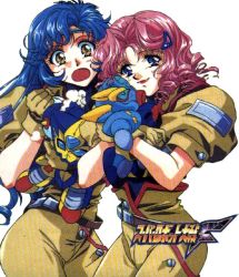 Rule 34 | 2girls, banpresto, blue eyes, blue hair, gloves, grace, grace urigin, hair ornament, hairclip, lipstick, long hair, looking at viewer, makeup, military, multiple girls, open mouth, patricia hackman, patty, pink hair, short hair, simple background, stuffed toy, super robot wars, uniform