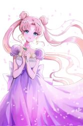 Rule 34 | 1girl, back bow, bishoujo senshi sailor moon, blonde hair, blue eyes, bow, commentary request, corrupted twitter file, crescent, crescent facial mark, double bun, dress, earrings, facial mark, flower, forehead mark, hair bun, hair ornament, highres, huge bow, jewelry, koharumichi, long hair, princess serenity, simple background, smile, solo, strapless, strapless dress, tsukino usagi, twintails, very long hair, white background, white dress