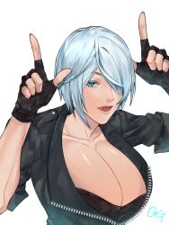 Rule 34 | 1girl, angel (kof), blue eyes, bra, breasts, cropped jacket, fang, horns pose, fingerless gloves, gloves, hair over one eye, index fingers raised, jacket, large breasts, leather, leather jacket, looking at viewer, open mouth, ougi leo, snk, solo, strapless, strapless bra, the king of fighters, the king of fighters xiv, the king of fighters xv, underwear, white hair