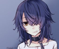 Rule 34 | 1girl, artist name, blue background, brown eyes, chain, closed mouth, collar, collarbone, expressionless, gradient background, hair over one eye, kantai collection, kotobuki (momoko factory), looking at viewer, purple hair, shirt, short hair, simple background, solo, tenryuu (kancolle), twitter username, upper body, white shirt